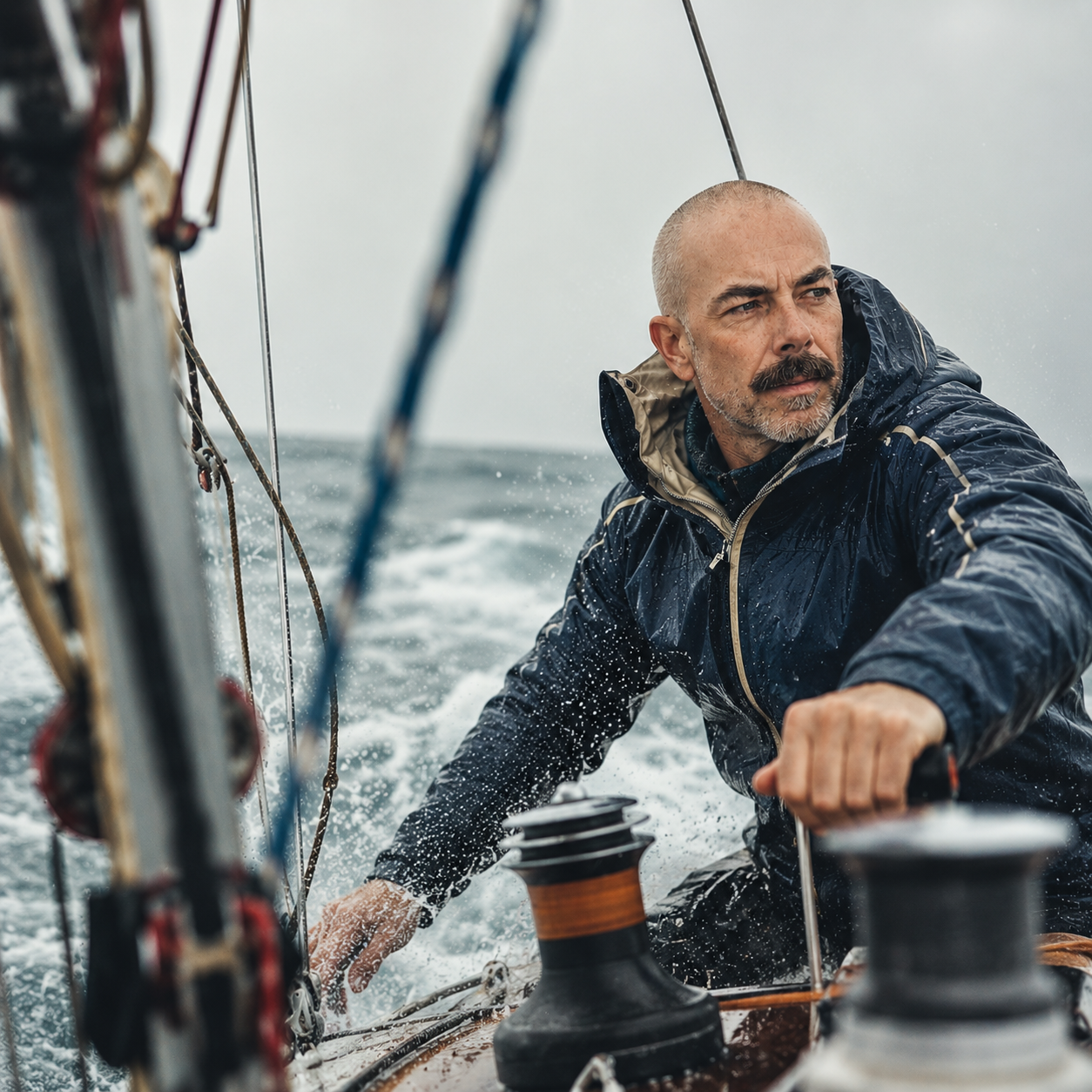 Jack Roche at the winch of a sailboat in heavy weather, spray across the deck, grey ocean behind.