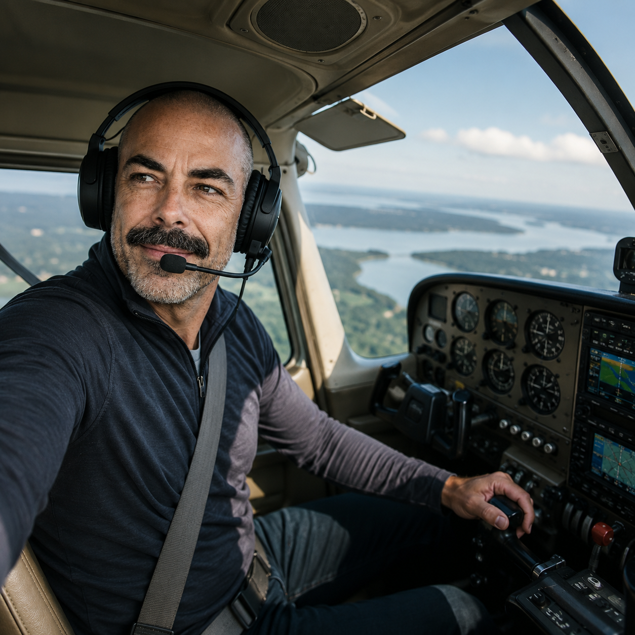 Jack Roche at the controls of a Cessna 172 in flight, headset on, lakes and coastline visible through the windscreen.
